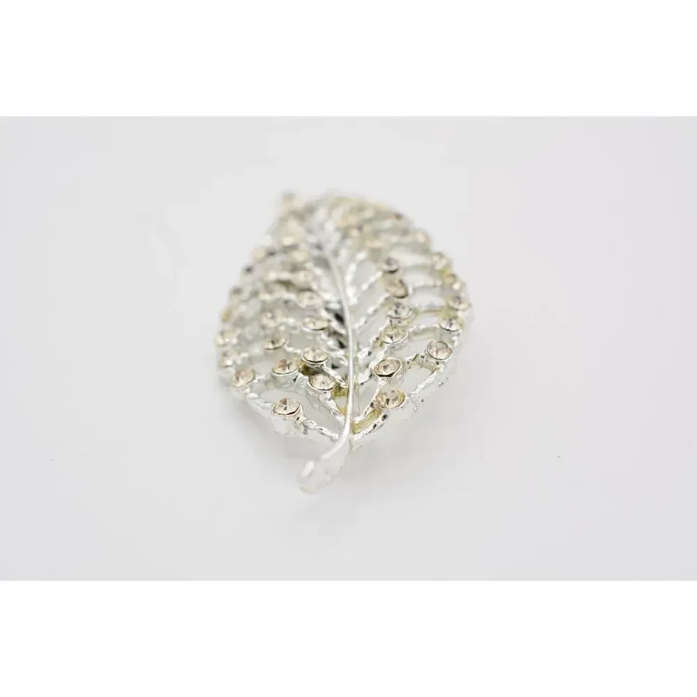 Vintage Crystal Leaf Pin Brooch Rhinestone Pave Silver Tone Shiny 1990s BinAT